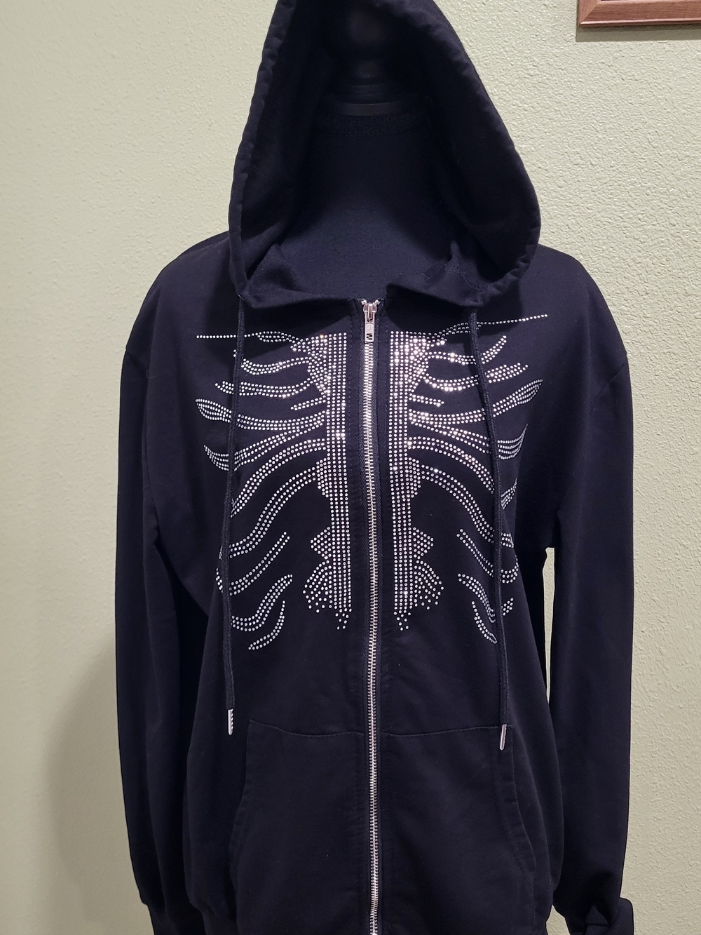 Women's Black Rhinestone Skeleton Zip-Up Hoodie Jacket.